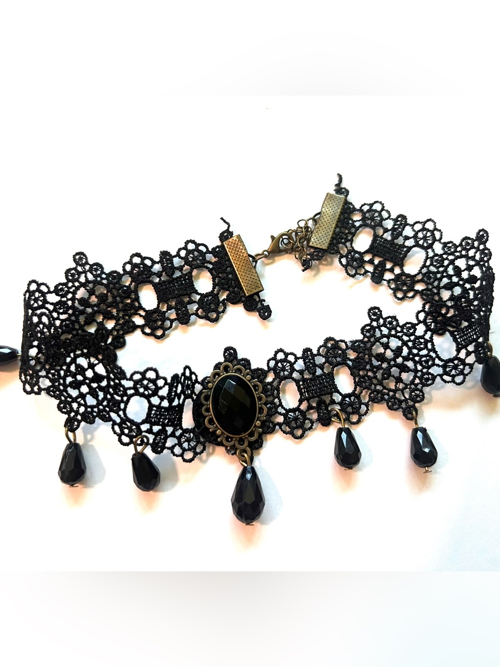 Free People Black Lace Choker Necklace with Faceted Drops Victorian style boho